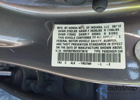 2012 Honda Civic Ex z USA, uszkodzony, nr VIN 19XFB2F85CE073616